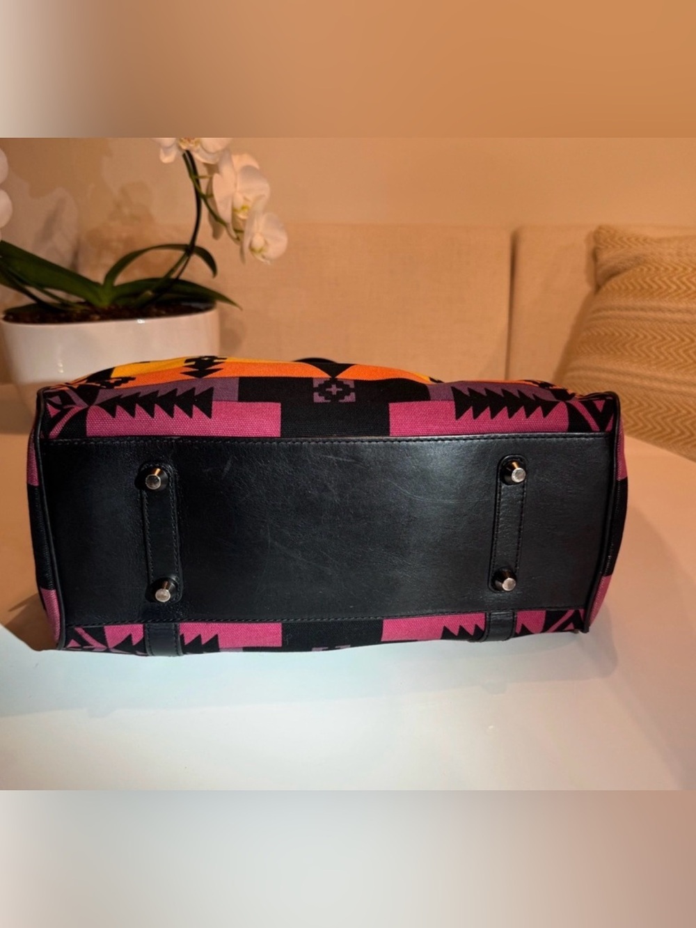 L.A.M.B. Multicolor Aztec Print Canvas & Leather Satchel w gunmetal hardware! - Picture 7 of 11